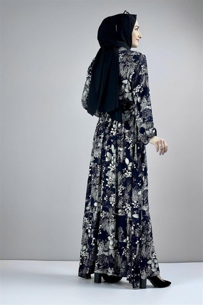Kemerli Desenli Tesettür Elbise LACİVERT - Thumbnail
