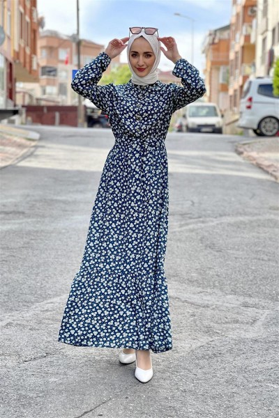 SGS - Kemerli Desenli Tesettür Elbise PETROL MAVİ