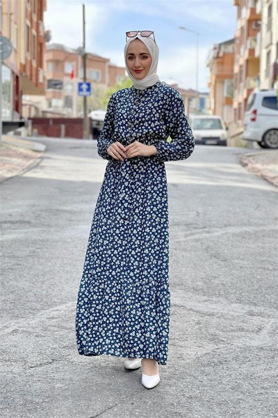 Kemerli Desenli Tesettür Elbise PETROL MAVİ - Thumbnail