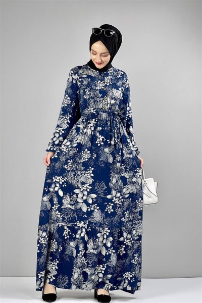 Kemerli Desenli Tesettür Elbise PETROL MAVİ - Thumbnail