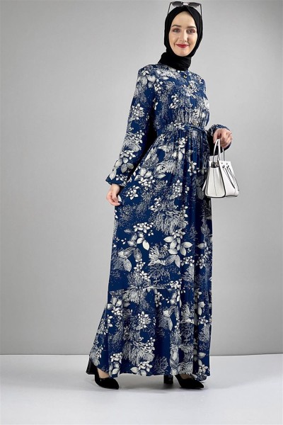 Kemerli Desenli Tesettür Elbise PETROL MAVİ - Thumbnail