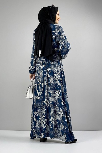 Kemerli Desenli Tesettür Elbise PETROL MAVİ - Thumbnail