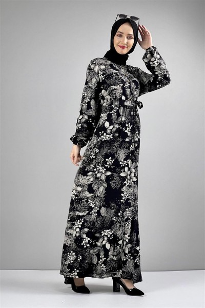 Kemerli Desenli Tesettür Elbise SİYAH - Thumbnail