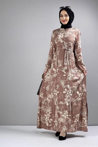 Kemerli Desenli Tesettür Elbise VİZON - Thumbnail