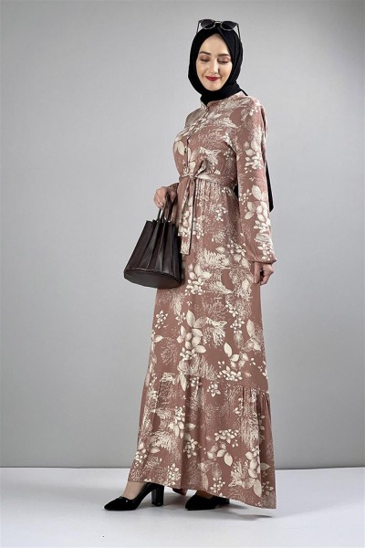 Kemerli Desenli Tesettür Elbise VİZON - Thumbnail