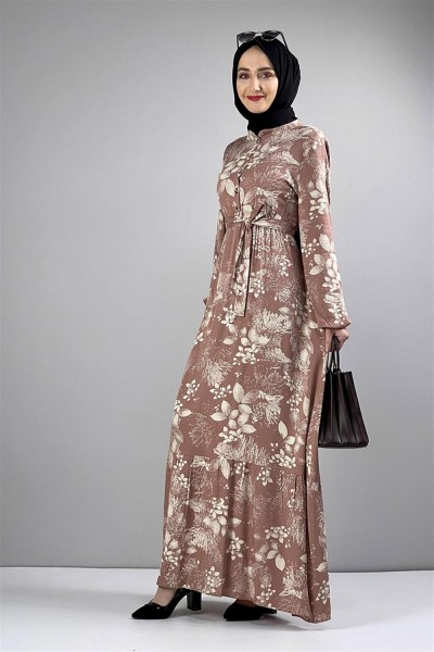 Kemerli Desenli Tesettür Elbise VİZON - Thumbnail