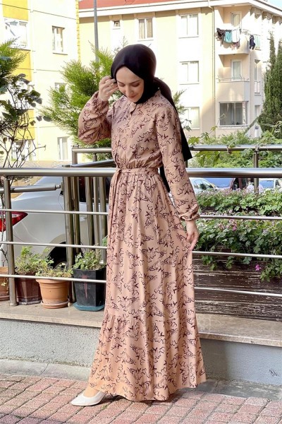 SGS - Kemerli Desenli Tesettür Elbise VİZON