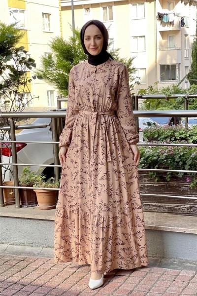 Kemerli Desenli Tesettür Elbise VİZON - Thumbnail