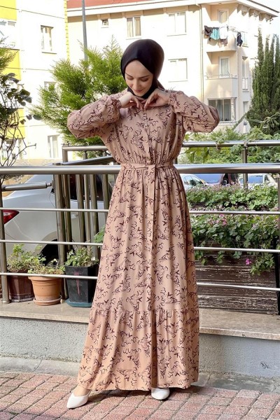 Kemerli Desenli Tesettür Elbise VİZON - Thumbnail