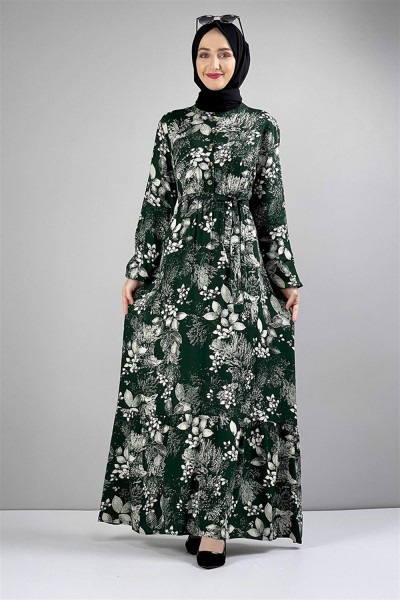 Kemerli Desenli Tesettür Elbise ZÜMRÜT YEŞİLİ - Thumbnail