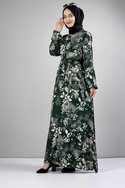 Kemerli Desenli Tesettür Elbise ZÜMRÜT YEŞİLİ - Thumbnail