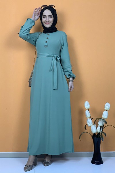 Moda Pinhan - Kemerli Düğme Detaylı Tesettür Elbise Çağla Yeşili