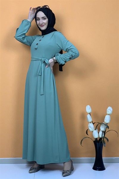 Kemerli Düğme Detaylı Tesettür Elbise Çağla Yeşili - Thumbnail