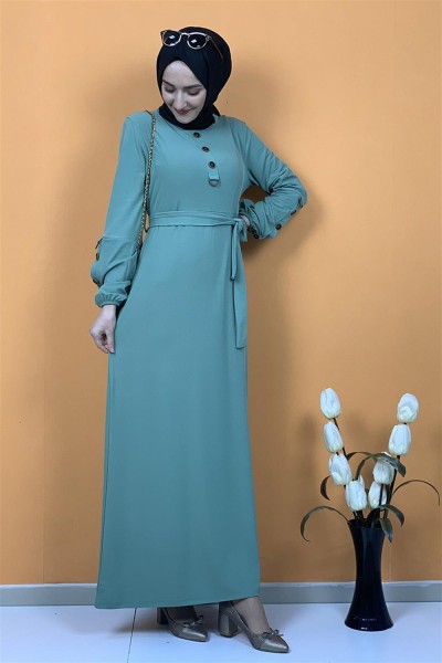 Kemerli Düğme Detaylı Tesettür Elbise Çağla Yeşili - Thumbnail