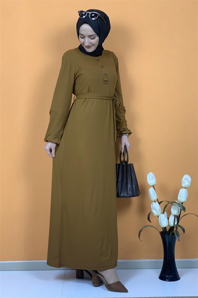 Moda Pinhan - Kemerli Düğme Detaylı Tesettür Elbise Taba