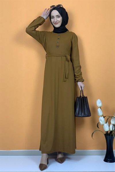 Kemerli Düğme Detaylı Tesettür Elbise Taba - Thumbnail