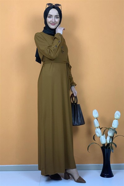 Kemerli Düğme Detaylı Tesettür Elbise Taba - Thumbnail