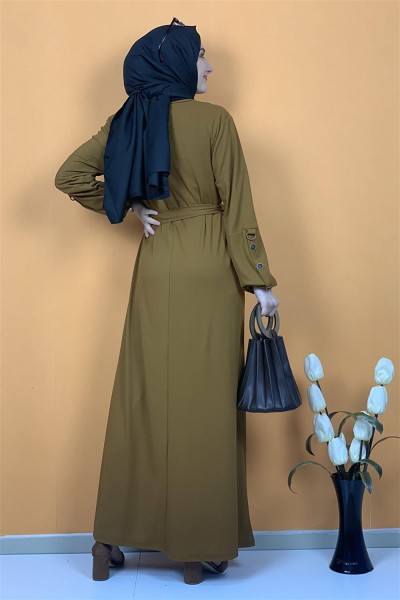 Kemerli Düğme Detaylı Tesettür Elbise Taba - Thumbnail