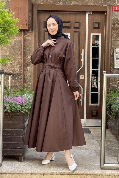 NRY - Kemerli Poplin Elbise KAHVERENGİ