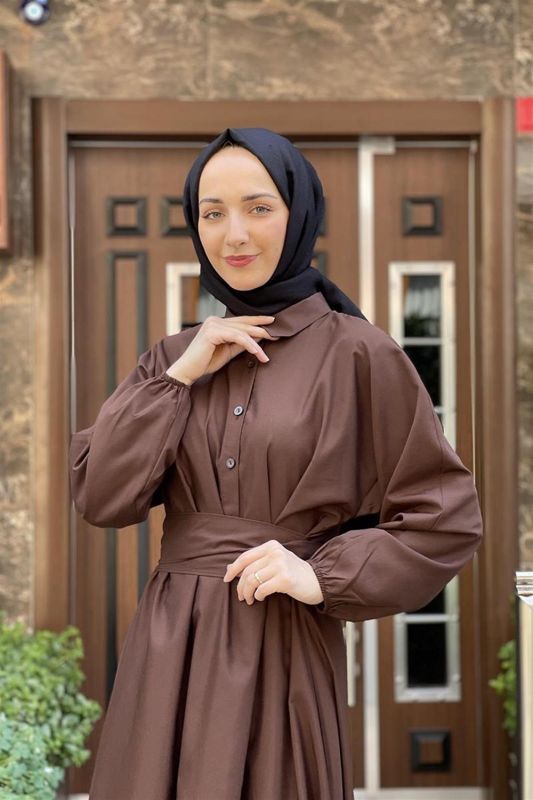 Kemerli Poplin Elbise KAHVERENGİ - 2