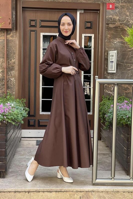 Kemerli Poplin Elbise KAHVERENGİ - 3
