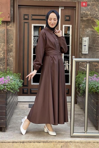Kemerli Poplin Elbise KAHVERENGİ - Thumbnail