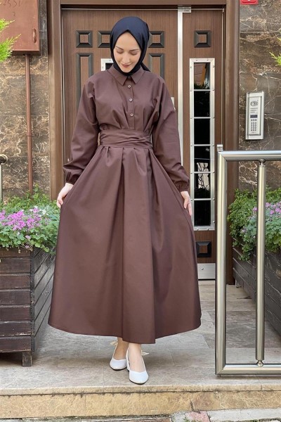Kemerli Poplin Elbise KAHVERENGİ - Thumbnail