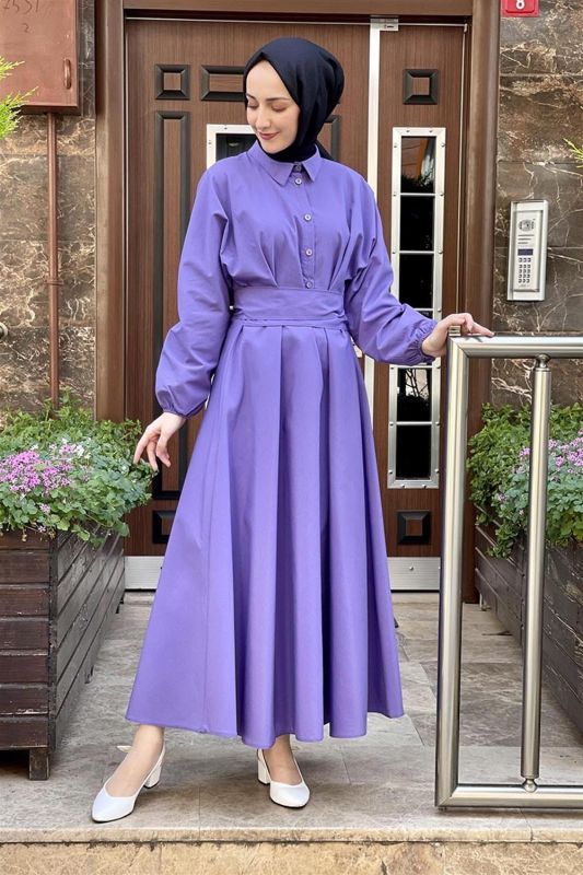 Kemerli Poplin Elbise MOR - 1