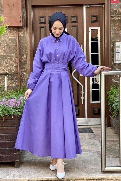 Kemerli Poplin Elbise MOR - Thumbnail