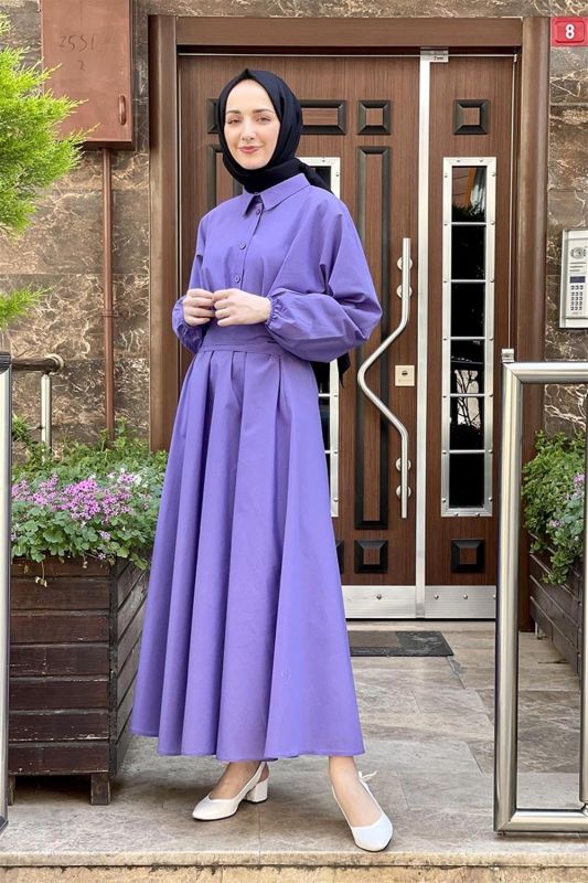 Kemerli Poplin Elbise MOR - 3