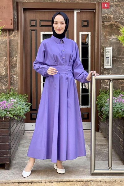 Kemerli Poplin Elbise MOR - Thumbnail