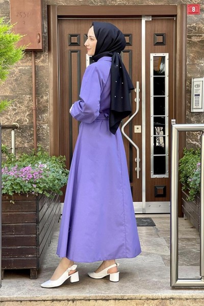 Kemerli Poplin Elbise MOR - Thumbnail