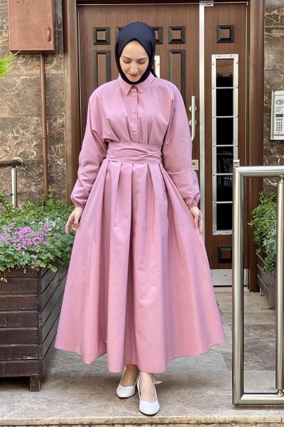 NRY - Kemerli Poplin Elbise PUDRA