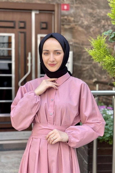 Kemerli Poplin Elbise PUDRA - Thumbnail