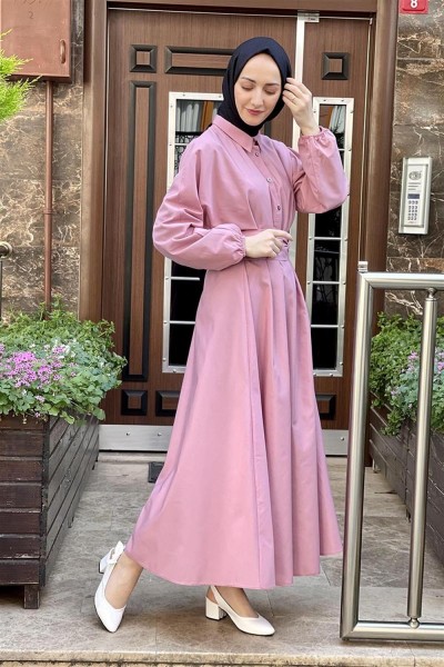 Kemerli Poplin Elbise PUDRA - Thumbnail