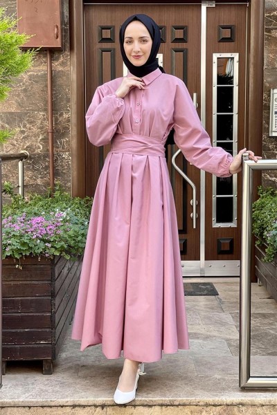 Kemerli Poplin Elbise PUDRA - Thumbnail