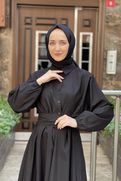 Kemerli Poplin Elbise SİYAH - Thumbnail