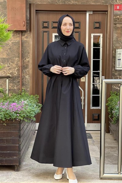 Kemerli Poplin Elbise SİYAH - Thumbnail