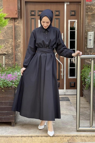 Kemerli Poplin Elbise SİYAH - Thumbnail