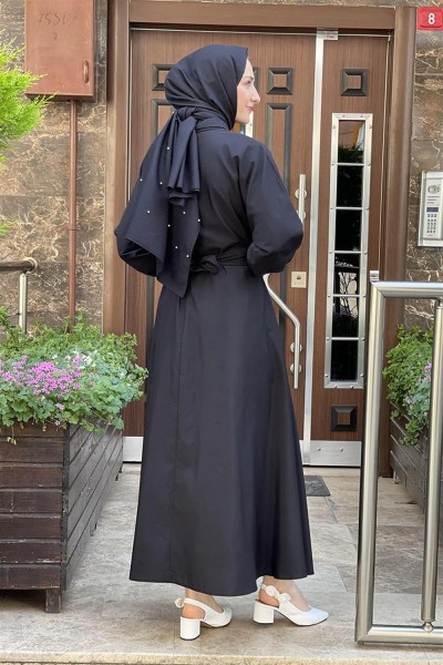 Kemerli Poplin Elbise SİYAH - Thumbnail