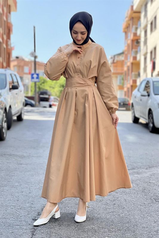 Kemerli Poplin Elbise VİZON - 1