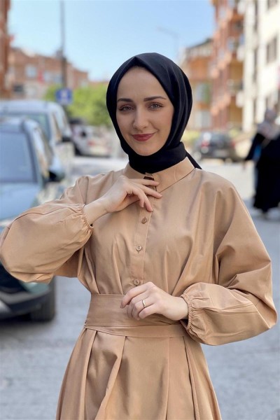 Kemerli Poplin Elbise VİZON - Thumbnail