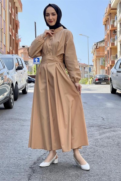 Kemerli Poplin Elbise VİZON - Thumbnail