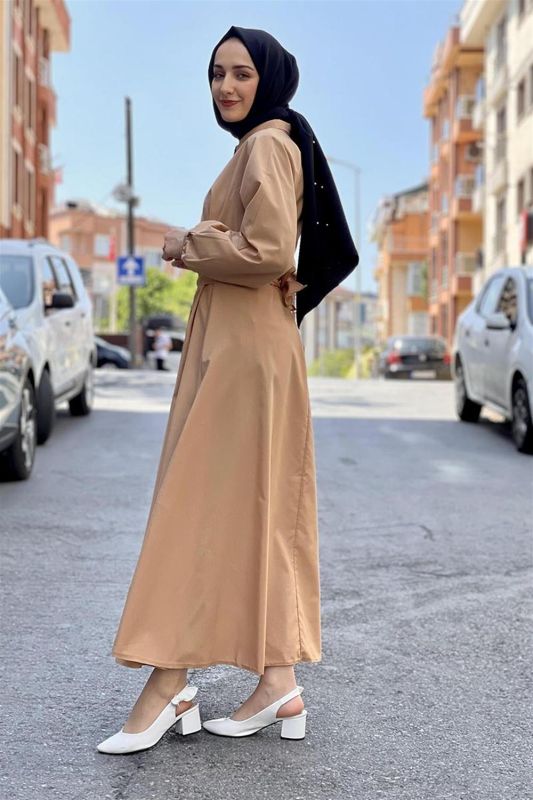 Kemerli Poplin Elbise VİZON - 4
