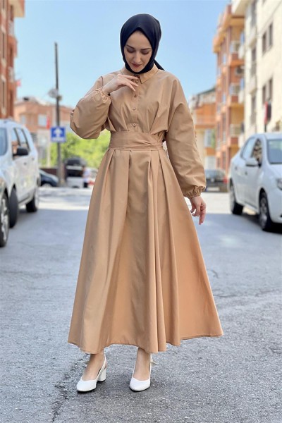 Kemerli Poplin Elbise VİZON - Thumbnail