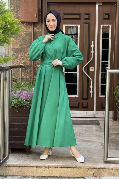 NRY - Kemerli Poplin Elbise YEŞİL