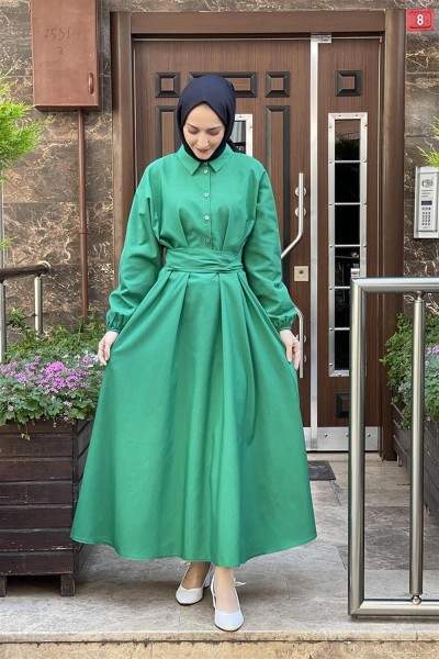Kemerli Poplin Elbise YEŞİL - Thumbnail