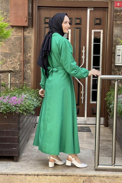 Kemerli Poplin Elbise YEŞİL - Thumbnail