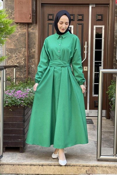 Kemerli Poplin Elbise YEŞİL - Thumbnail