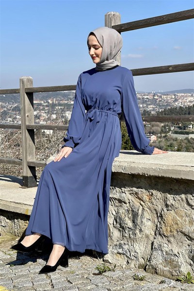 END - Kemerli Şifon Elbise İNDİGO